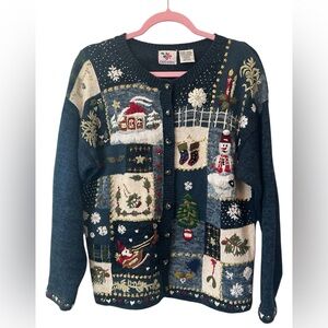 Vintage Nutcracker Women's Embroidered Blue Holiday Patchwork Cardigan Size XL